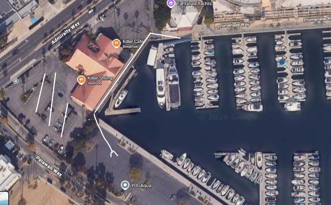 Aerial satellite map showing path from public parking lot to FantaSea Yachts marina